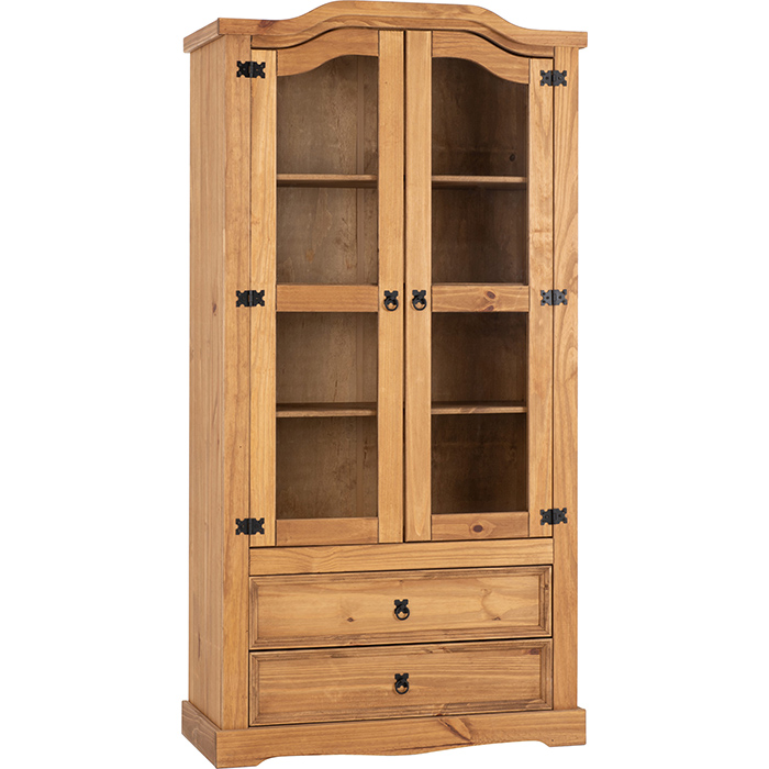 Corona 2 Door 2 Drawer Glass Display Unit in Waxed Pine